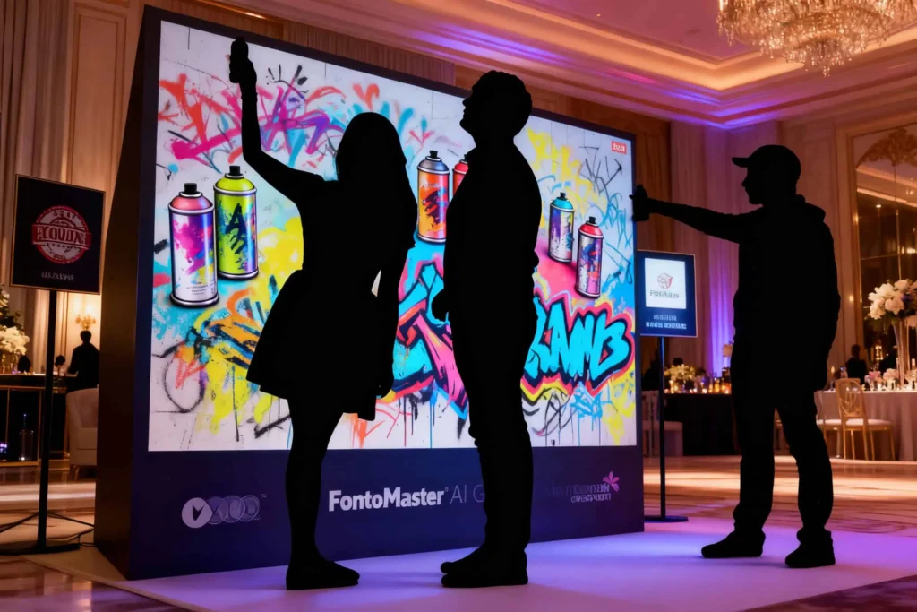 Three people stand silhouetted in front of a large, brightly lit graffiti wall hire display at an indoor corporate event experiential, appearing to interact with or pose near the colourful spray paint-themed backdrop.
