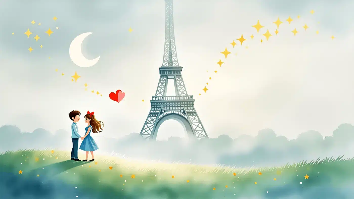 Watercolour-style AI artwork of a couple beside the Eiffel Tower beneath a starry night sky.