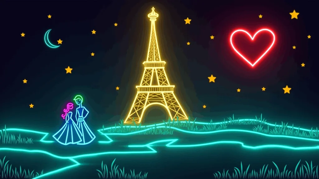 Neon-style illustration of a couple holding hands near the Eiffel Tower at night, with a glowing red heart, yellow stars, crescent moon, and grass in the foreground—perfect for corporate event experiential or sketch bot hire.