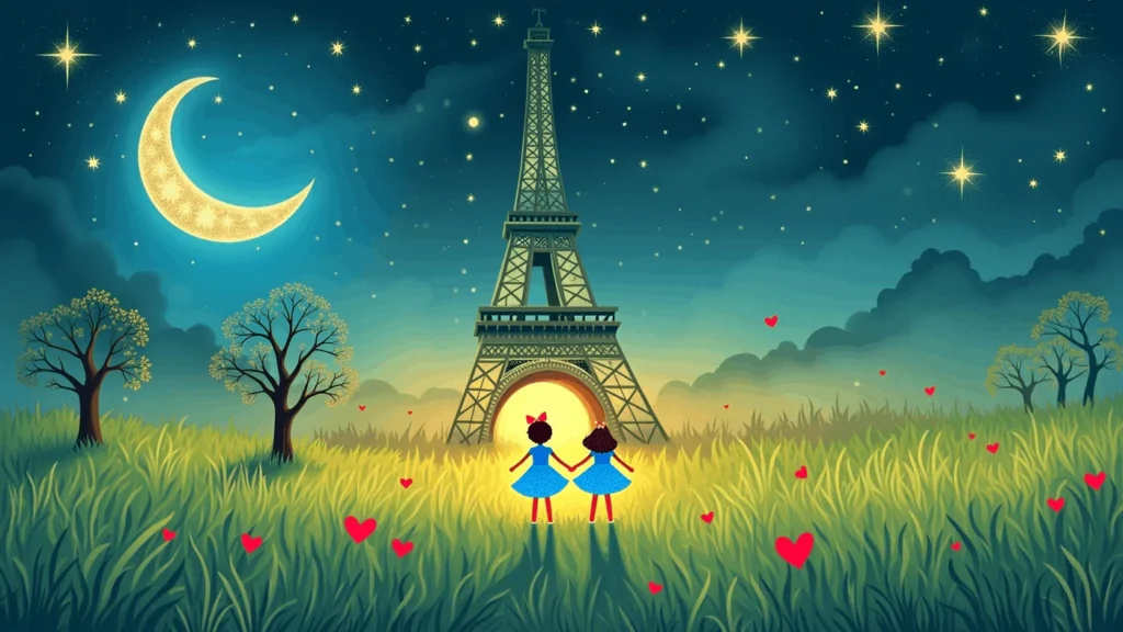 Two girls in blue dresses hold hands whilst facing the glowing Eiffel Tower at night, surrounded by grass, red hearts, trees, a crescent moon, and a star-filled sky—a whimsical, dreamlike scene perfect for premium photo booth hire.