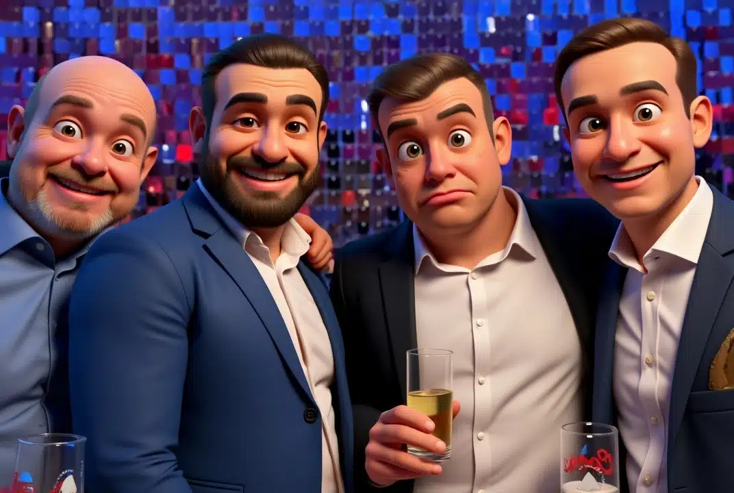 Four animated men in suits smile for an AI photo experience at a party, holding drinks.