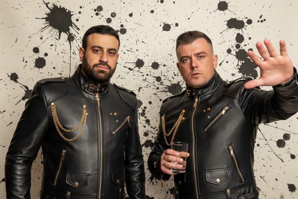 AI-transformed portrait example of two people wearing black leather jackets and gold chains against an ink-splatter background.