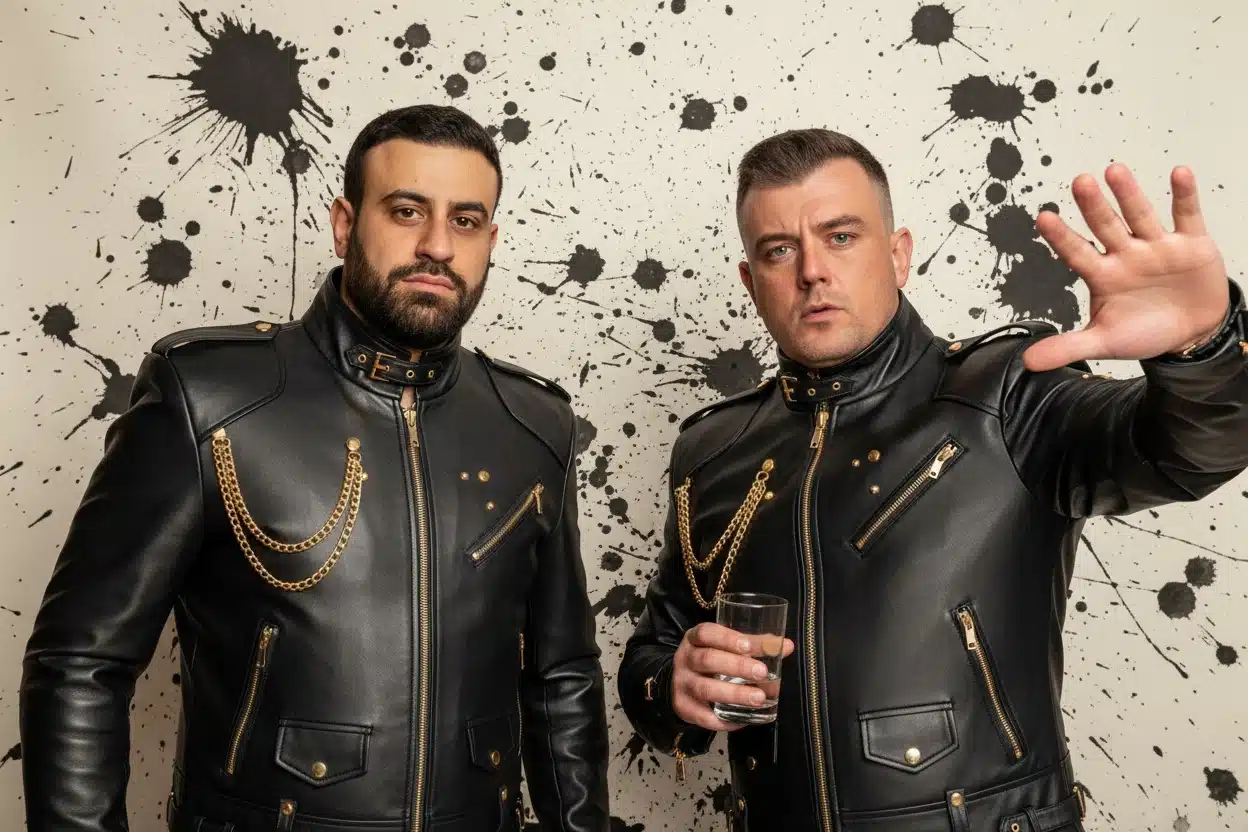 AI-transformed portrait of two guests in black leather jackets and gold chains.