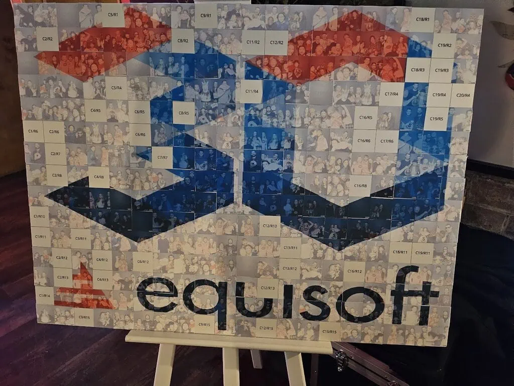 A mosaic image on an easel features the Equisoft logo and "30" in large numbers, made up of small tiles with codes. Faint images of people and celebrations appear in the background, capturing a memorable corporate event experiential moment.