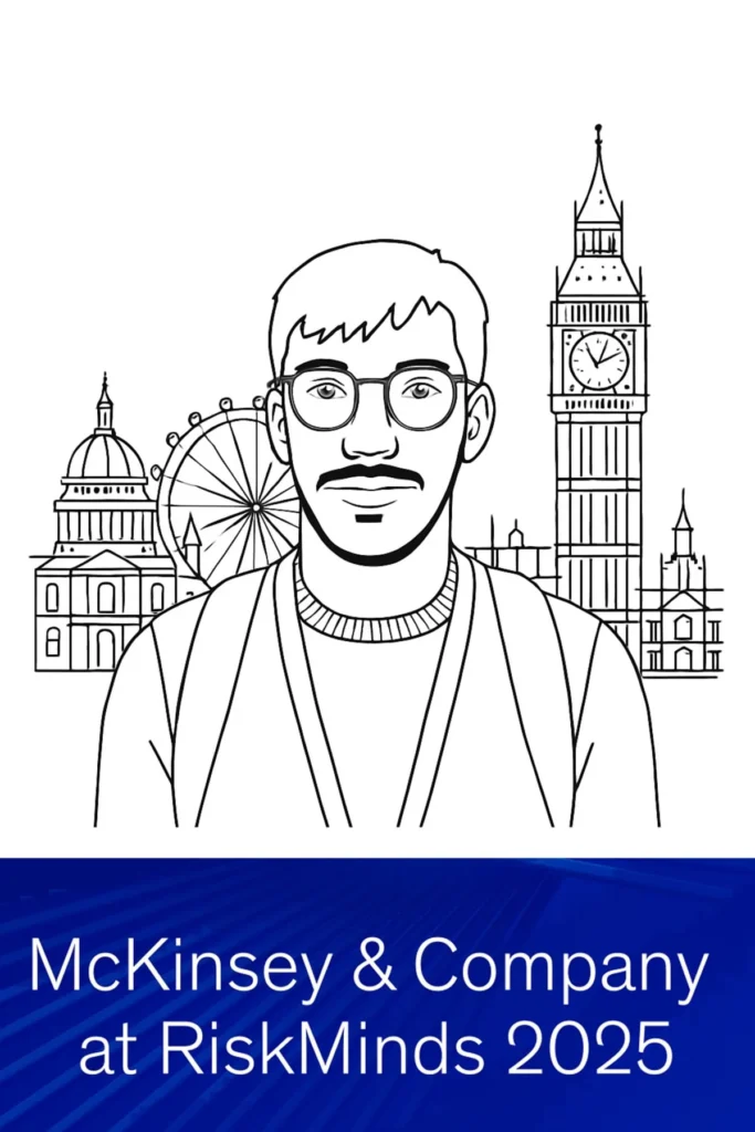 A line drawing of a man with glasses and a moustache, with London landmarks (Big Ben, the London Eye, St Paul's Cathedral) in the background. Features: "McKinsey & Company at RiskMinds 2025" and premium photo booth hire for unique event experiences.