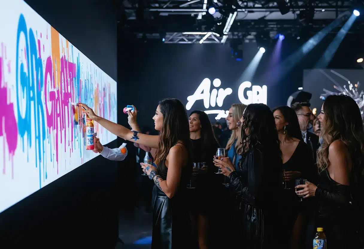 Guest creating artwork on the AI Graffiti Wall while other guests watch.