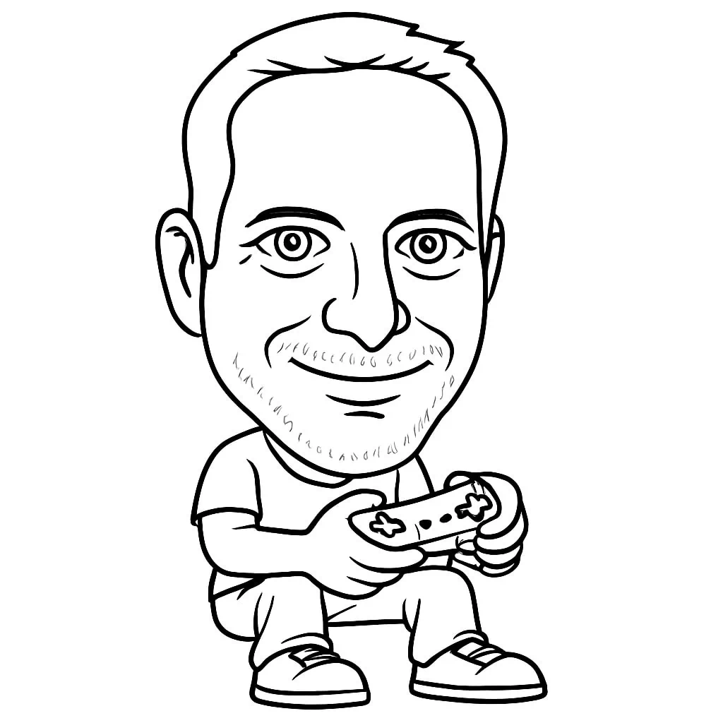 Cartoon drawing of a man with short hair and facial hair, sitting down and smiling while holding a video game controller. Ideal for corporate event experiential themes or as inspiration for draw me bot hire services.