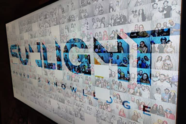 A branded photo mosaic assembled from many individual portraits.
