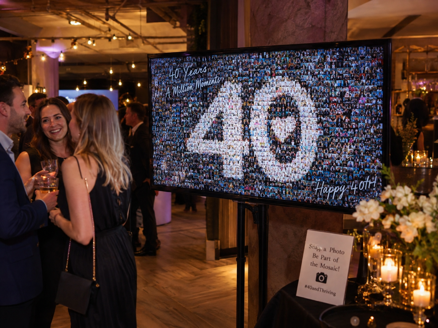 Guests viewing a digital photo mosaic shaped into the number 40 at a birthday celebration