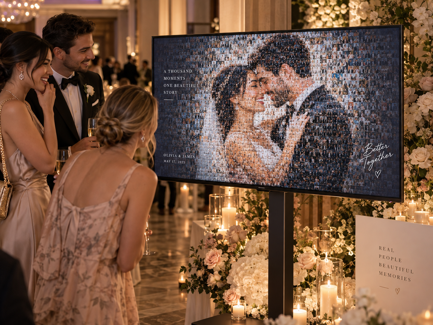 Wedding guests viewing a digital photo mosaic portrait on a large screen