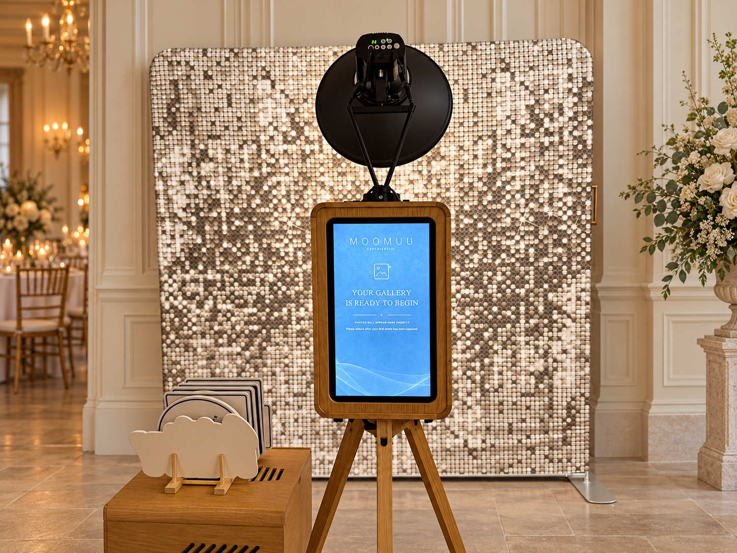 MooMuu ICON Booth rear gallery screen with a silver shimmer backdrop.
