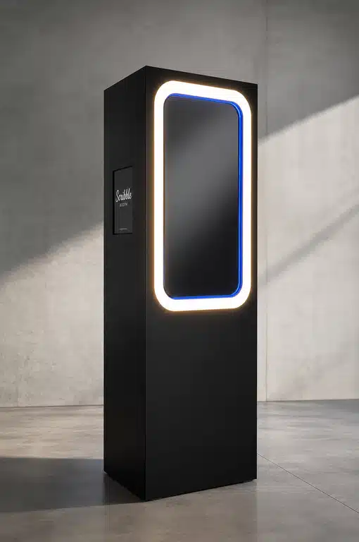 Black Scribble Booth with illuminated interactive mirror in a studio setting