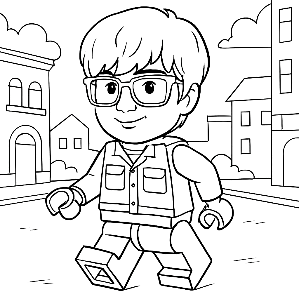 A Lego-style character with glasses, short hair, and a jacket strolls through a city street with buildings, windows, and clouds in the background—perfect for showcasing premium photo booth hire at your next corporate event experiential.