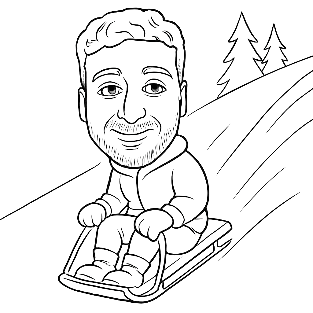 Cartoon drawing of a man smiling as he rides a sledge down a snowy hill, two pine trees in the background—a playful scene perfect for showcasing corporate event experiential fun.