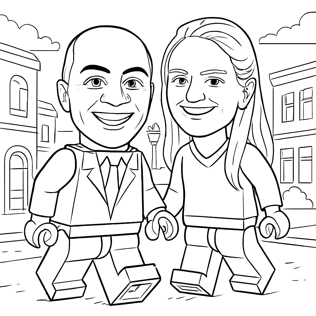 Cartoon drawing of two smiling LEGO-style figures, one in a suit and tie, the other in a jumper, holding hands while walking down a street with buildings and clouds—ideal for illustrating premium photo booth hire or corporate event experiential concepts.