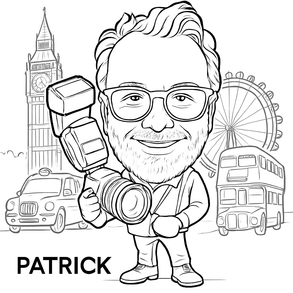 Personalised AI Sketch Bot portrait featuring London landmarks and a guest holding a camera.