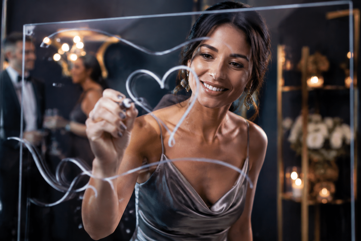 Guest writing on the illuminated Scribble Booth glass
