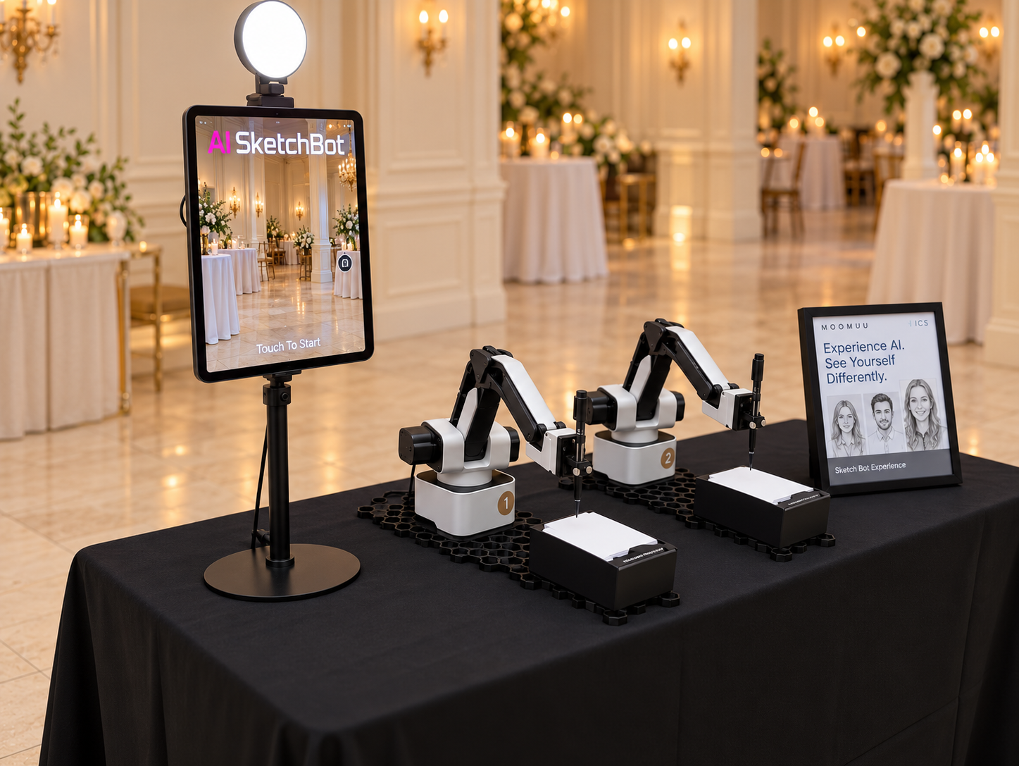 Two MooMuu AI Sketch Bots with their portrait capture screen and drawing stations in an elegant venue.