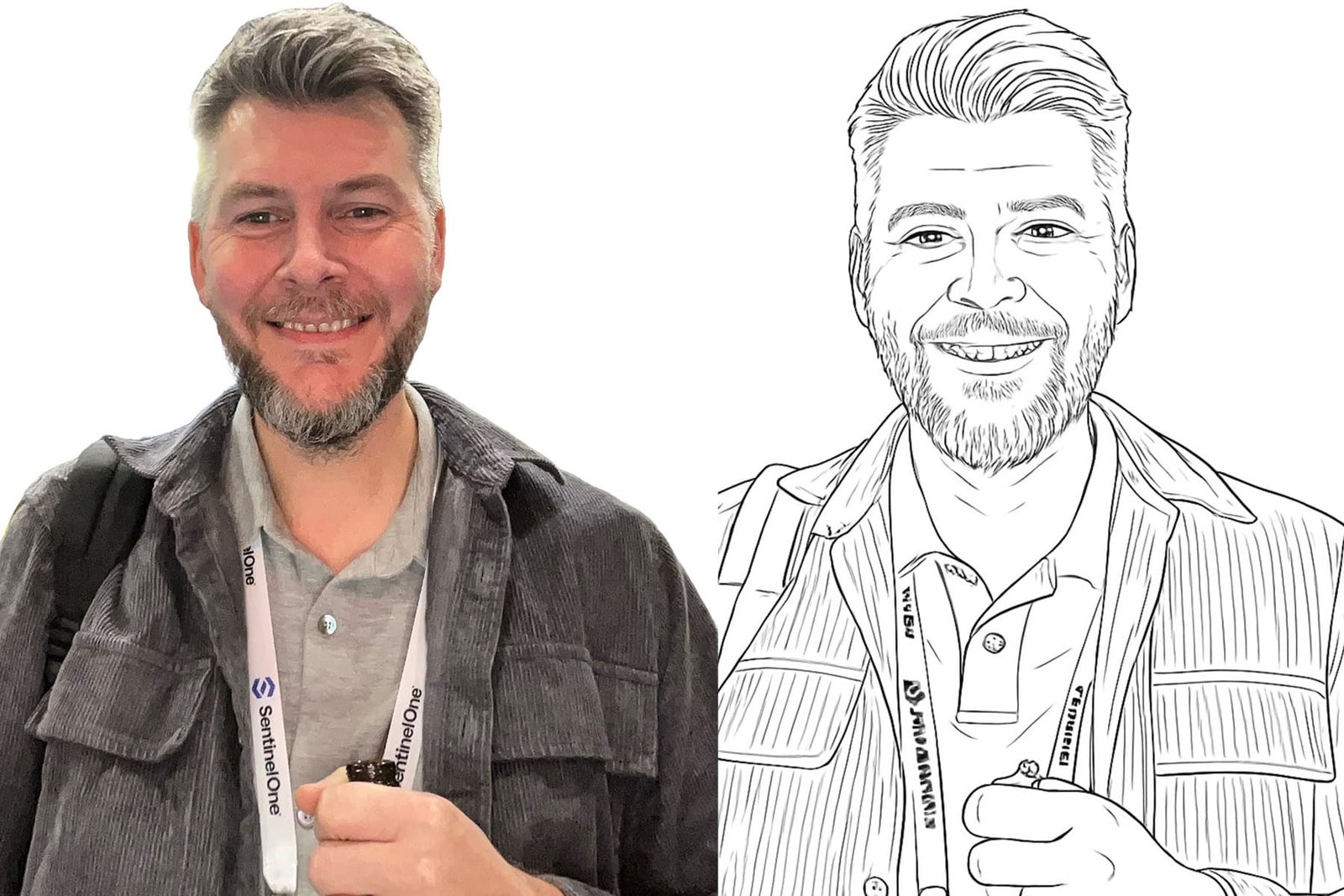 Before-and-after guest photograph and line portrait created by the MooMuu AI Sketch Bot