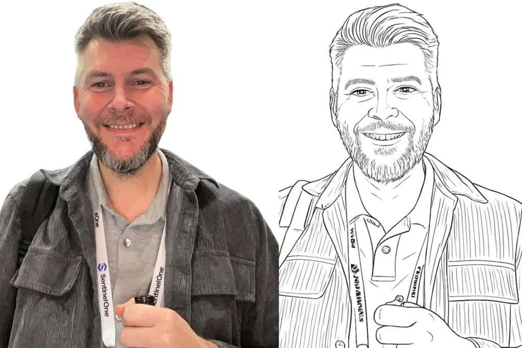A smiling man with a beard holds a lanyard and wears a jacket over a polo shirt. Next to his photo is a black and white line drawing of him in the same pose, both on a white background—perfect for premium photo booth hire or draw me bot hire.