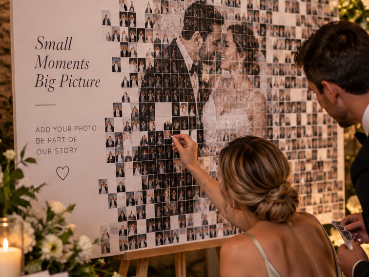 Guest adding a photo tile to a wedding portrait mosaic