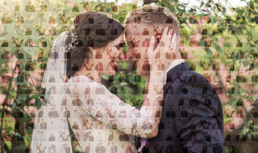 Completed wedding portrait mosaic formed from individual guest photographs