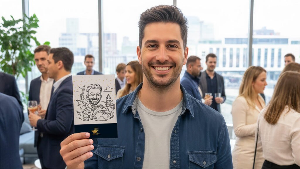 A smiling man stands in an office setting, holding up a card with a black and white cartoon drawing—created by sketch bot hire. Several people mingle in the background, with large windows revealing a cityscape outside.
