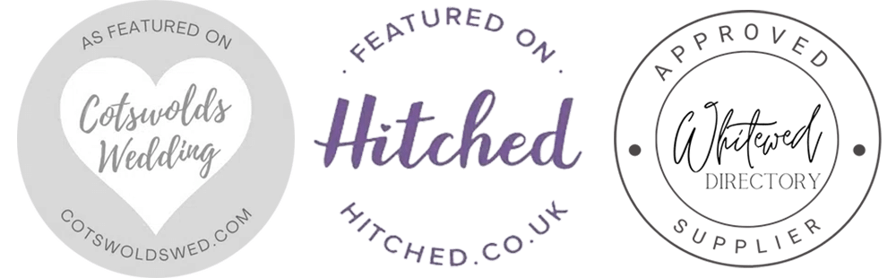 Three circular wedding supplier badges read: "As featured on Cotswolds Wedding.