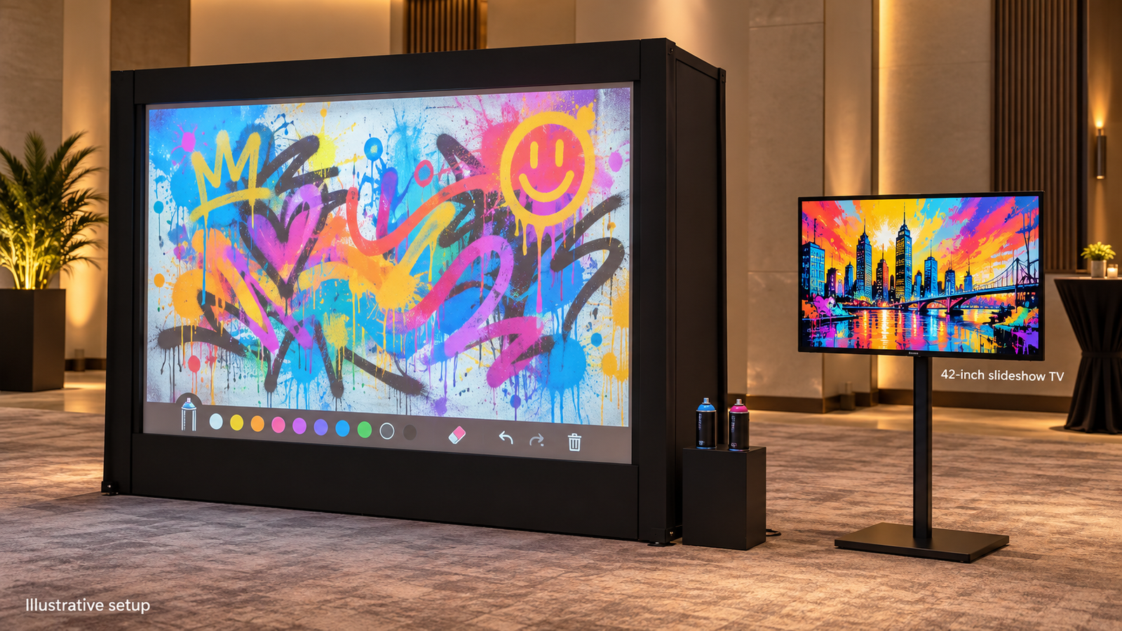 Illustration of a digital graffiti wall beside an optional 42-inch TV displaying saved guest artwork.