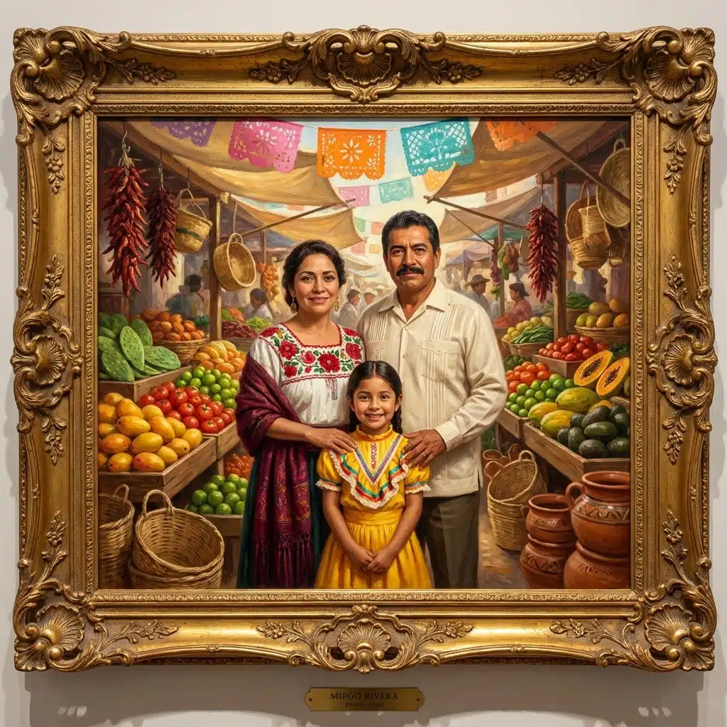 AI-transformed family portrait in a colourful Mexican market.