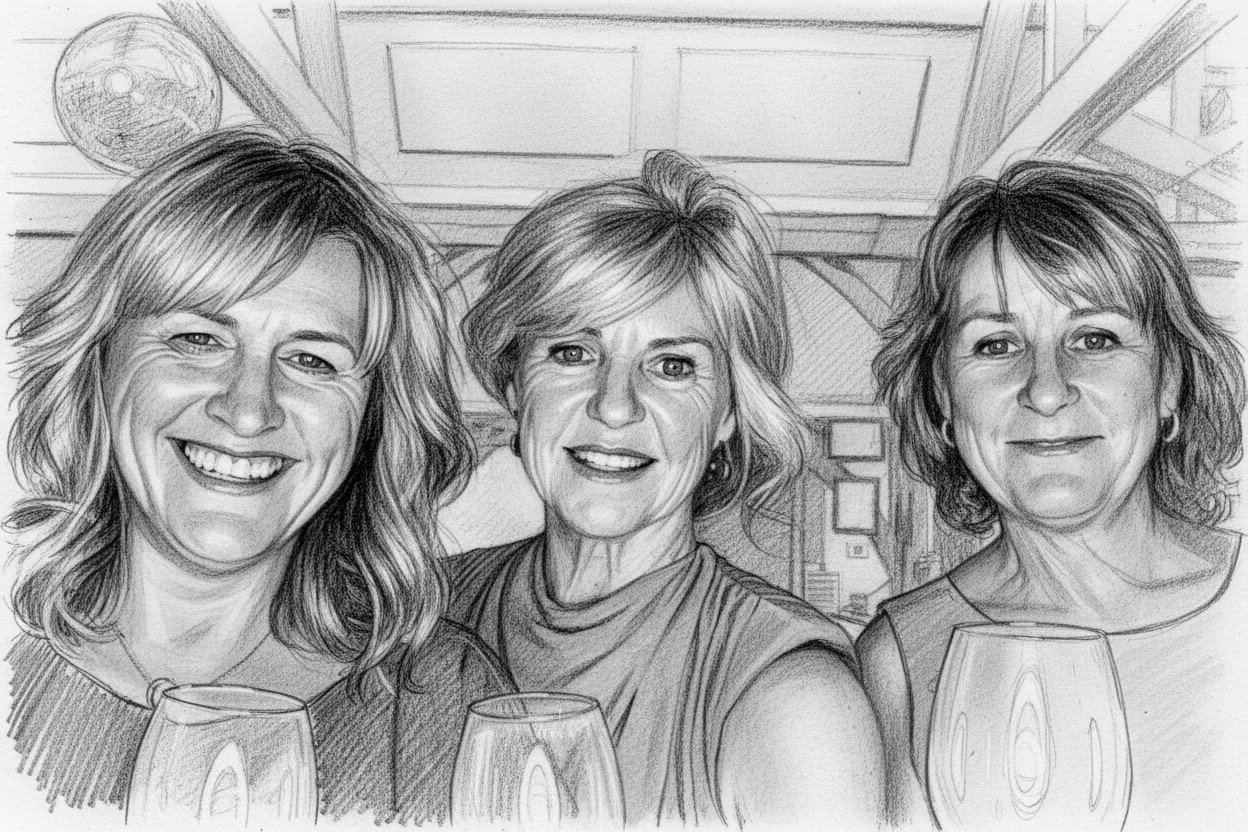 AI-generated pencil-style portrait of three women holding wine glasses and posing together indoors.