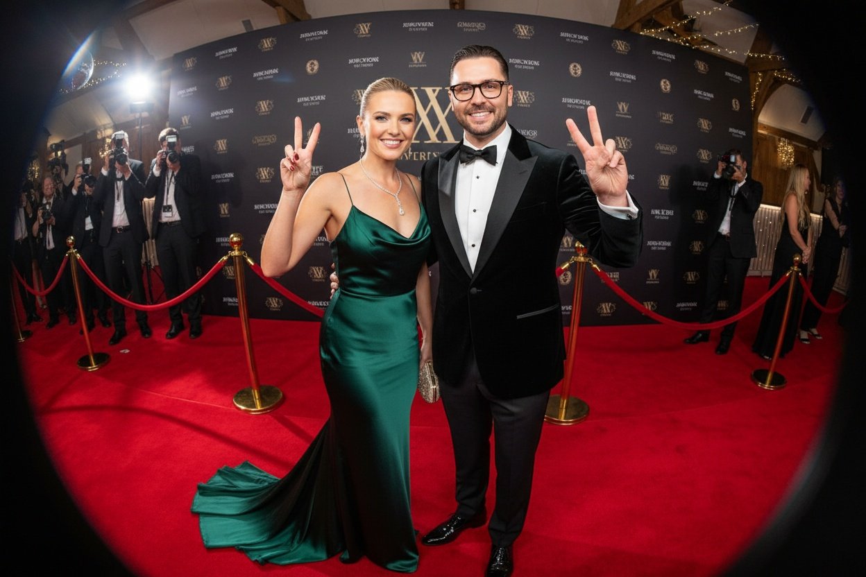 AI-transformed portrait of a smiling couple in a green gown and black tuxedo posing on a red carpet.