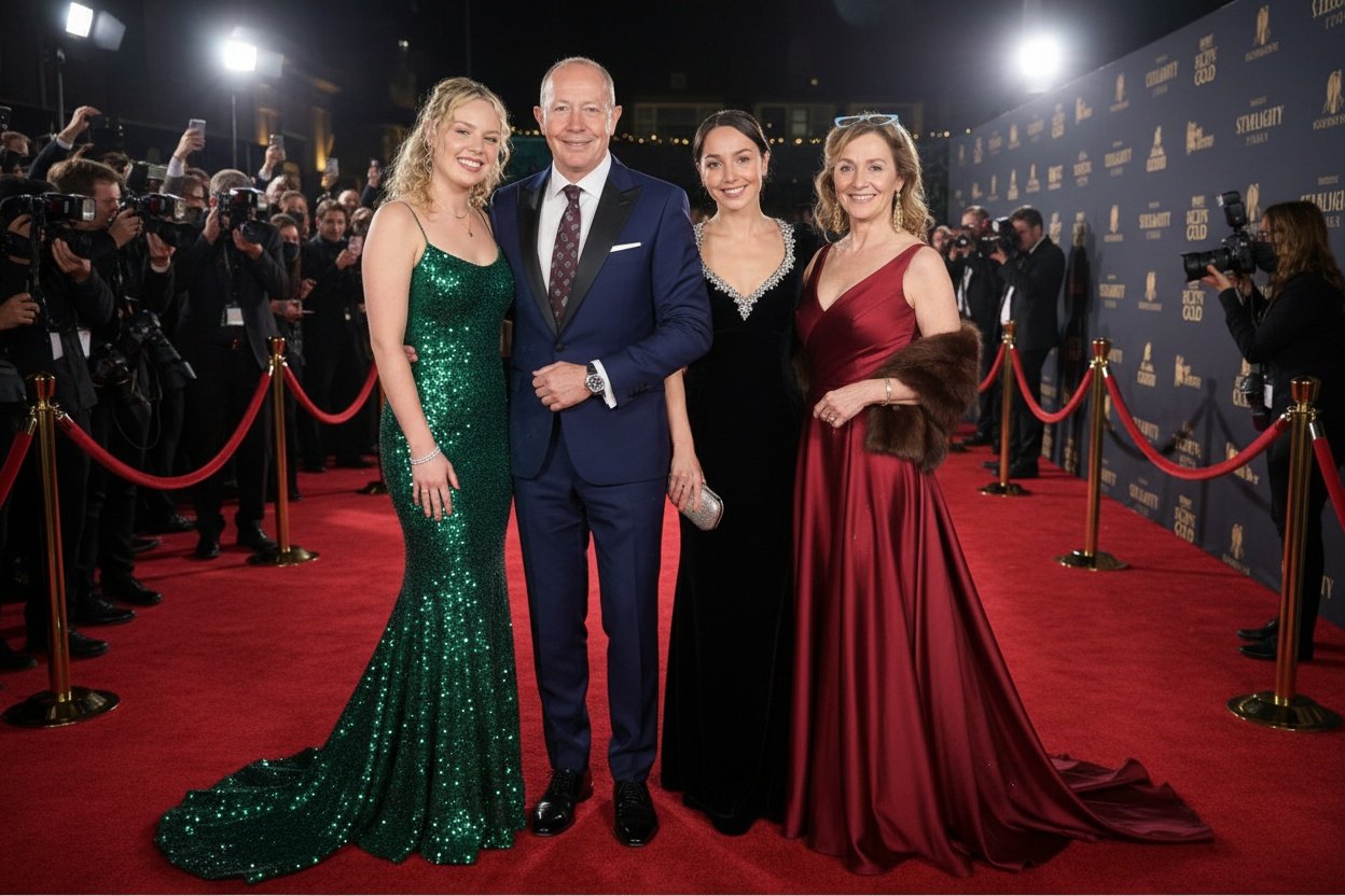 AI-transformed portrait of four guests in evening wear in an imagined red-carpet setting.