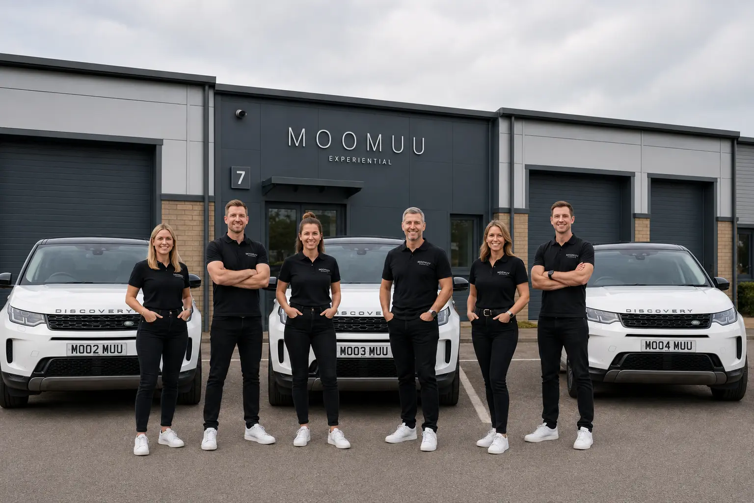 The MooMuu Experiential team outside Unit 7 with three branded white vehicles.