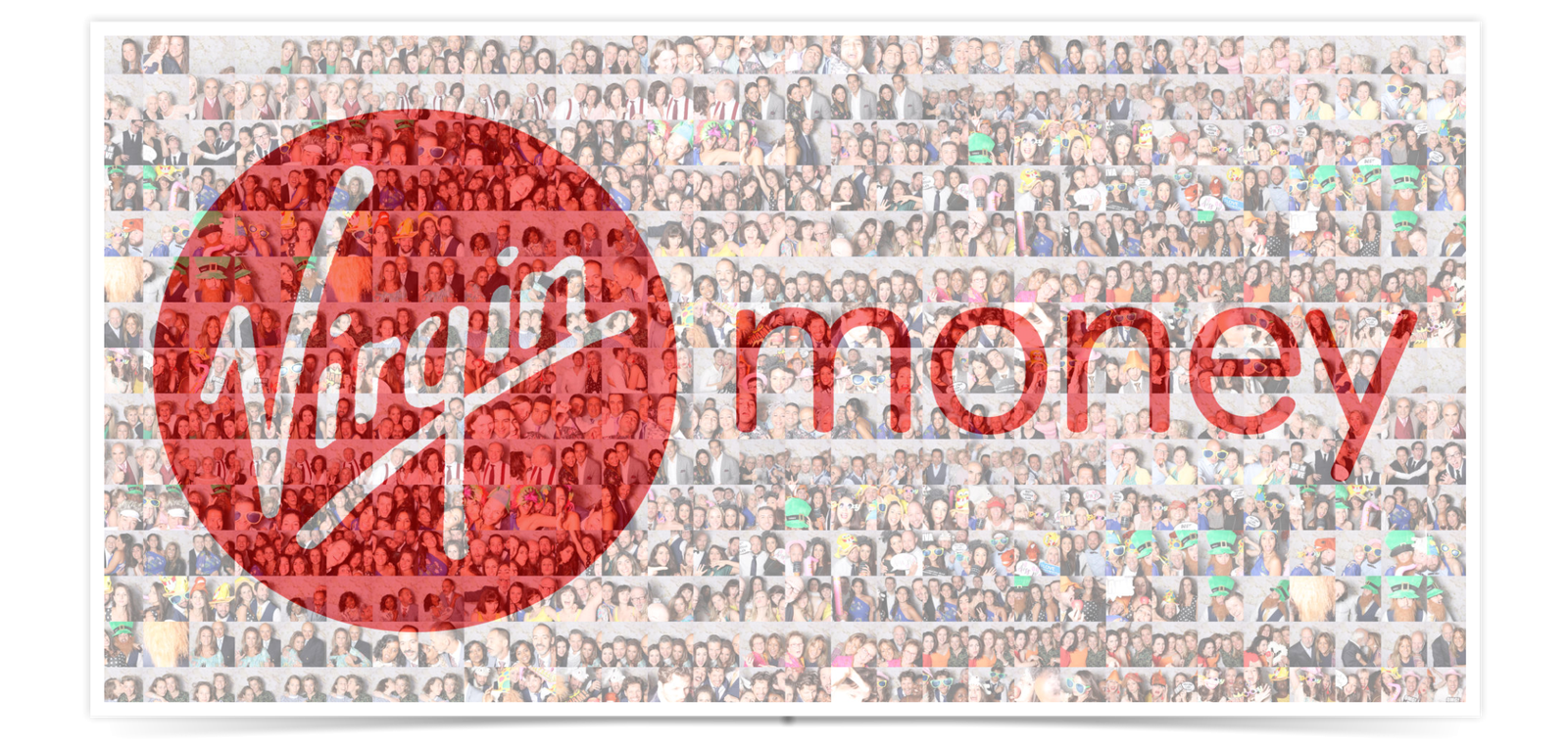 A photo mosaic artwork with the Virgin Money logo over a grid of individual and group portraits.